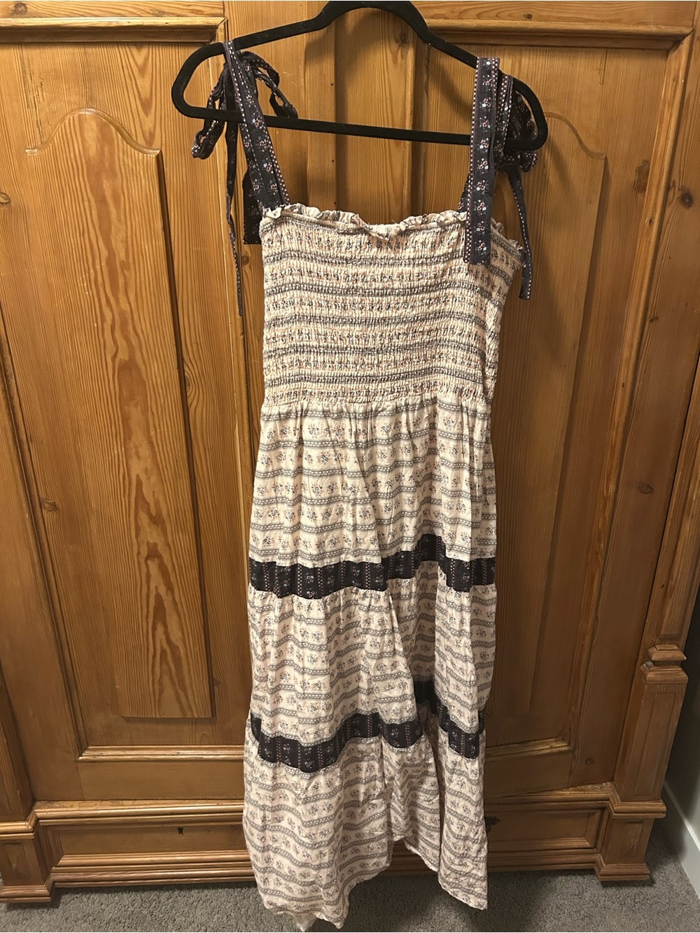 Neuflora Smocked Tie-Shoulder Maxi Dress in Cream Floral Print